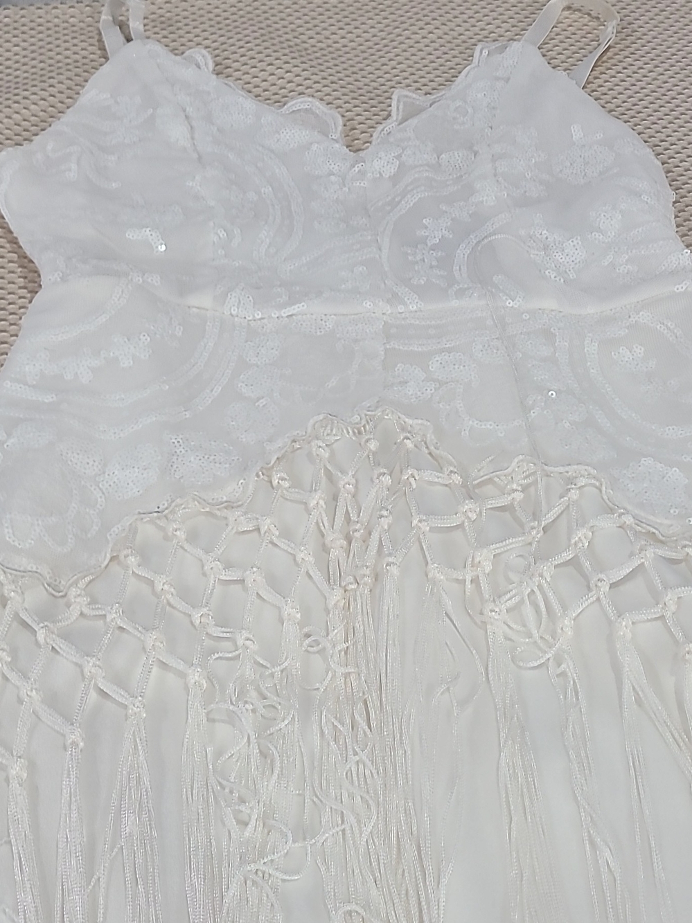 Hot Miami Styles Ivory Lace Fringe Mini Dress